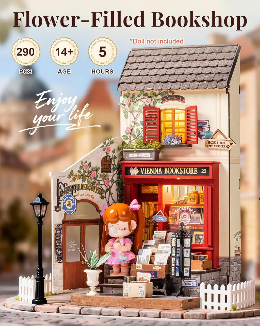 Rolife Vienna Bookstore DIY Miniature House Kit 290-Piece Model Kit Dolls House Teens No Glue Needed Mini House Building Kit