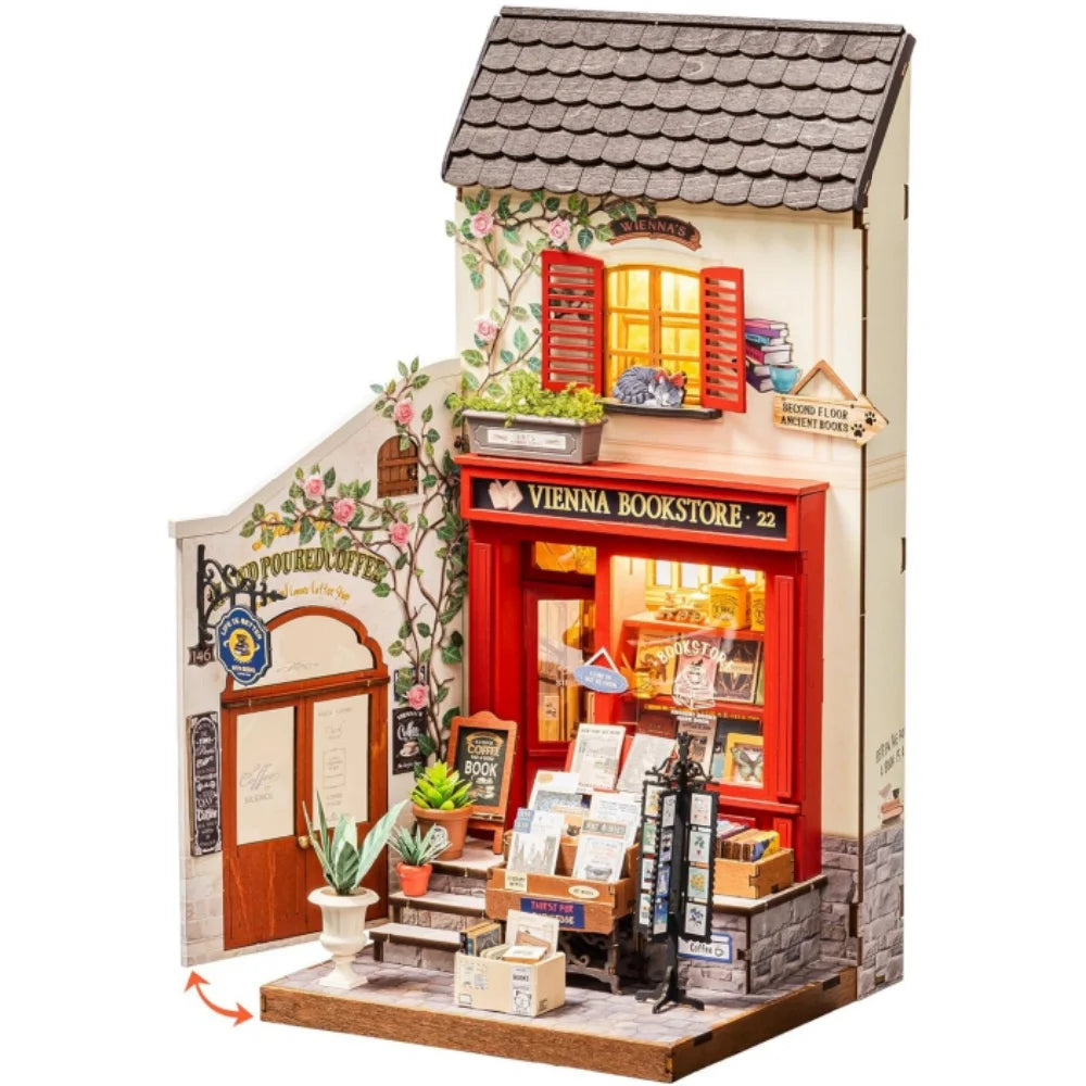 Rolife Vienna Bookstore DIY Miniature House Kit 290-Piece Model Kit Dolls House Teens No Glue Needed Mini House Building Kit