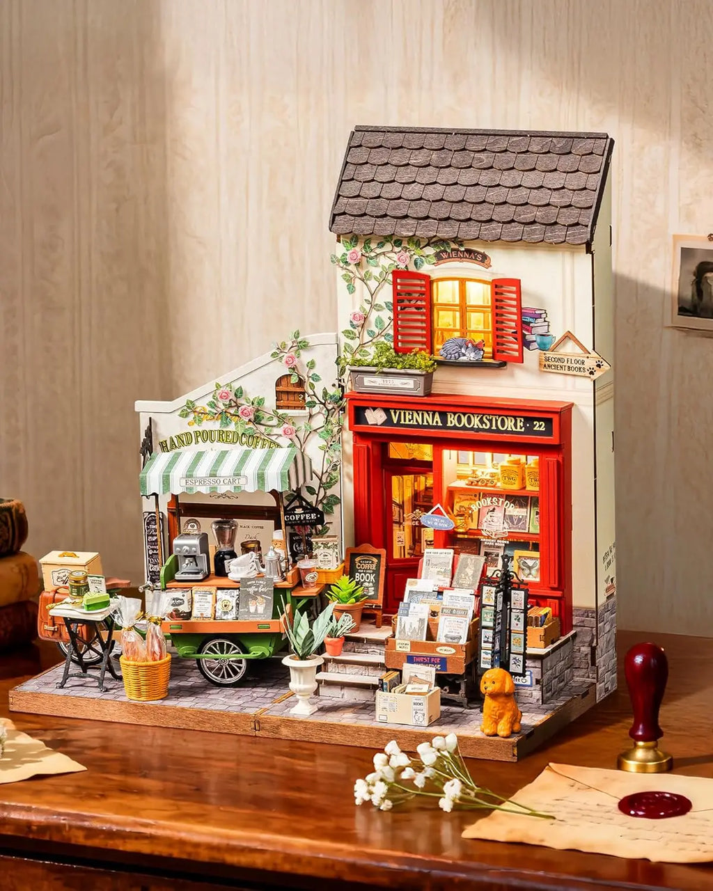 Rolife Vienna Bookstore DIY Miniature House Kit 290-Piece Model Kit Dolls House Teens No Glue Needed Mini House Building Kit